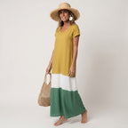 Women's Summer Maxi Dress with V-Neck and Colour Block