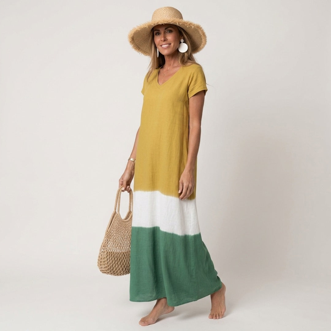 Women's Summer Maxi Dress with V-Neck and Colour Block