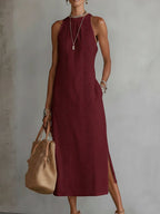 Women's Summer Midi Dress with Halter Neck and Side Split