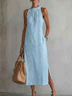 Women's Summer Midi Dress with Halter Neck and Side Split