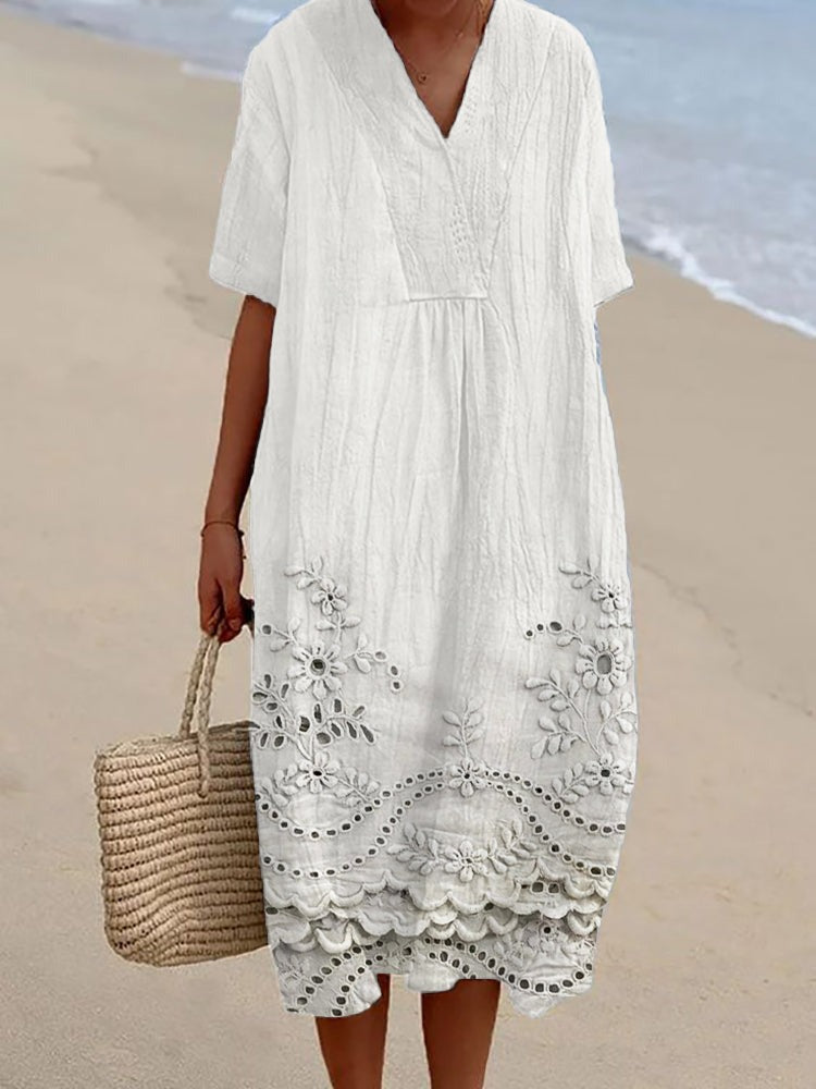 Women's Summer Midi Dress with V-Neck and Embroidered Hem