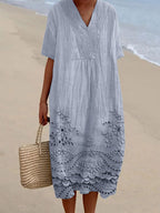 Women's Summer Midi Dress with V-Neck and Embroidered Hem