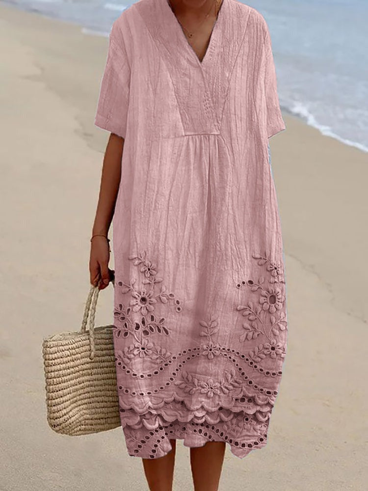 Women's Summer Midi Dress with V-Neck and Embroidered Hem