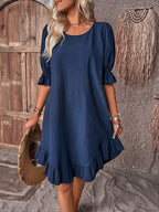 Women's Summer Ruffle Midi Dress with Short Puff Sleeves