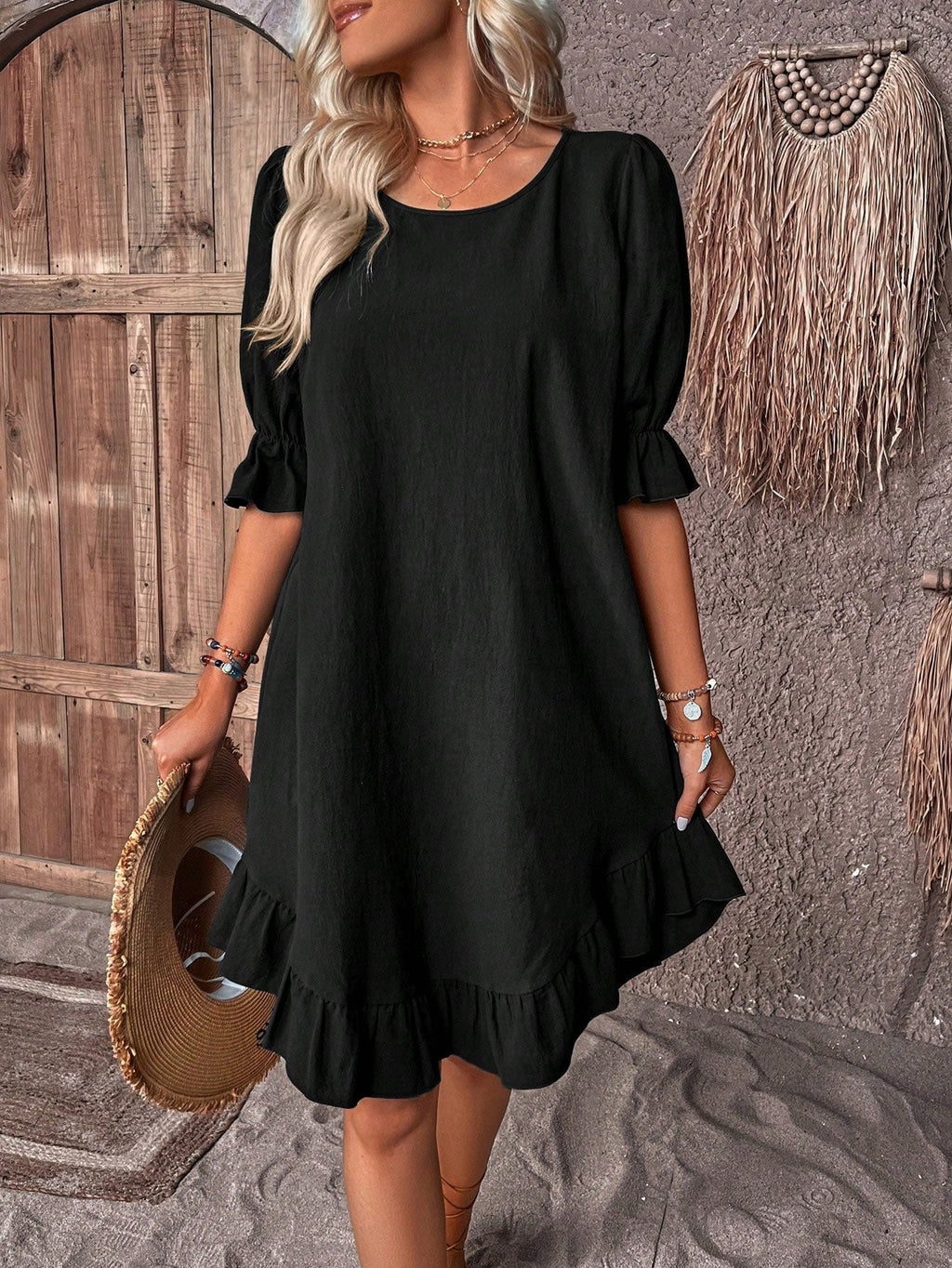 Women's Summer Ruffle Midi Dress with Short Puff Sleeves