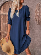 Women's Summer Ruffle Midi Dress with Short Puff Sleeves