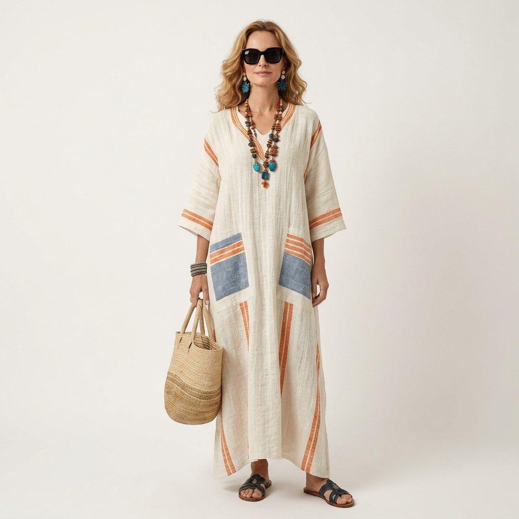 Women's Summer Striped Maxi Dress with V-Neck and Pockets