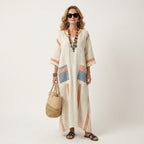 Women's Summer Striped Maxi Dress with V-Neck and Pockets