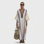 Women's Summer Striped Maxi Dress with V-Neck and Pockets