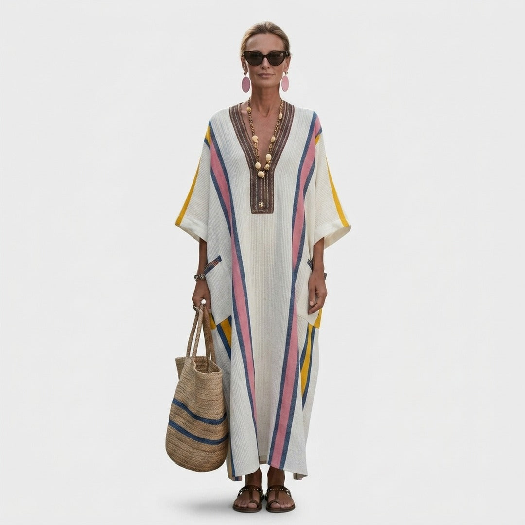 Women's Summer Striped Maxi Dress with V-Neck and Pockets