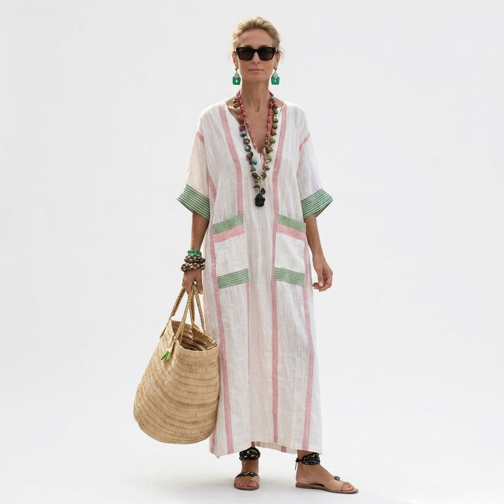 Women's Summer Striped Maxi Dress with V-Neck and Pockets