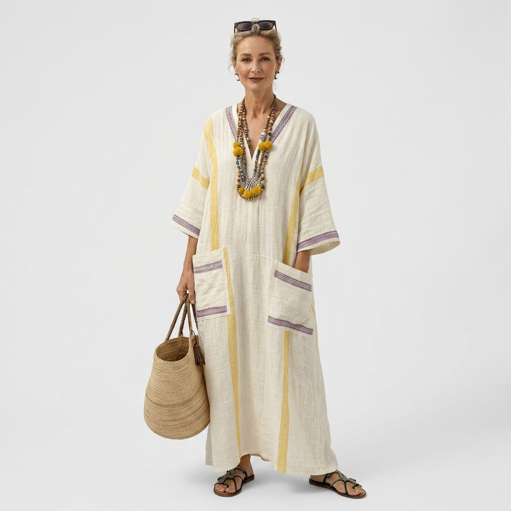 Women's Summer Striped Maxi Dress with V-Neck and Pockets