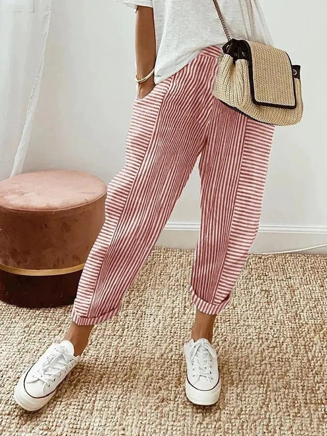 Women's Summer Striped Trousers with Elasticated Waist and Pockets
