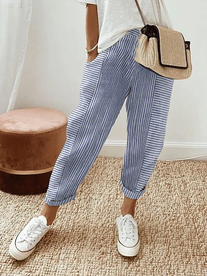 Women's Summer Striped Trousers with Elasticated Waist and Pockets