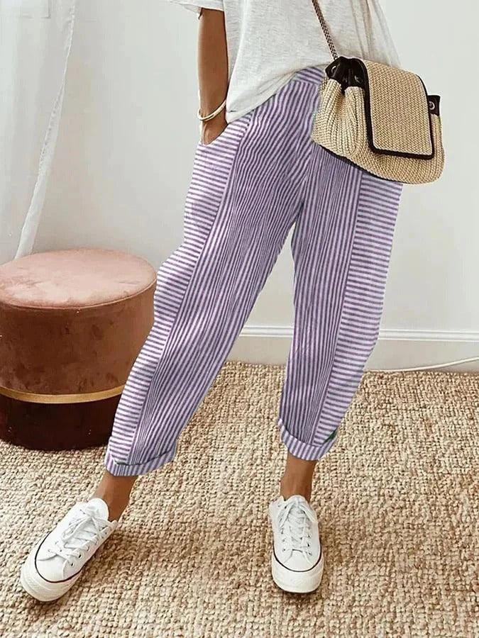 Women's Summer Striped Trousers with Elasticated Waist and Pockets