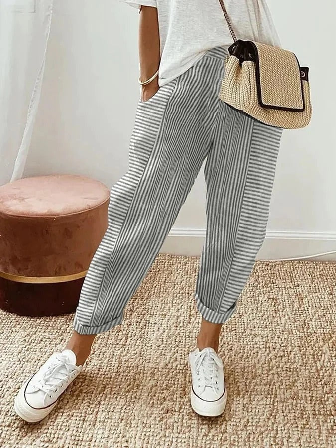 Women's Summer Striped Trousers with Elasticated Waist and Pockets
