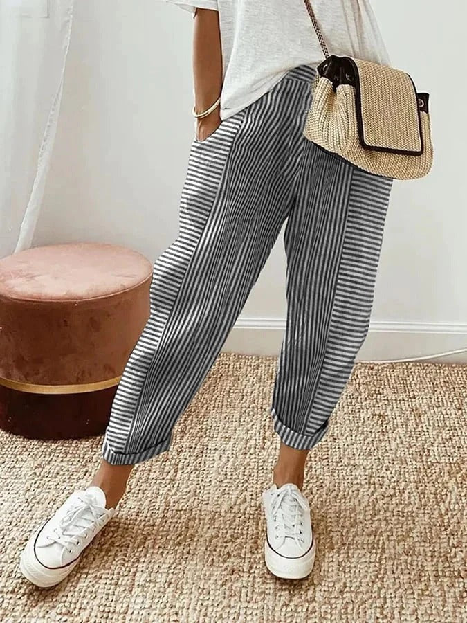 Women's Summer Striped Trousers with Elasticated Waist and Pockets
