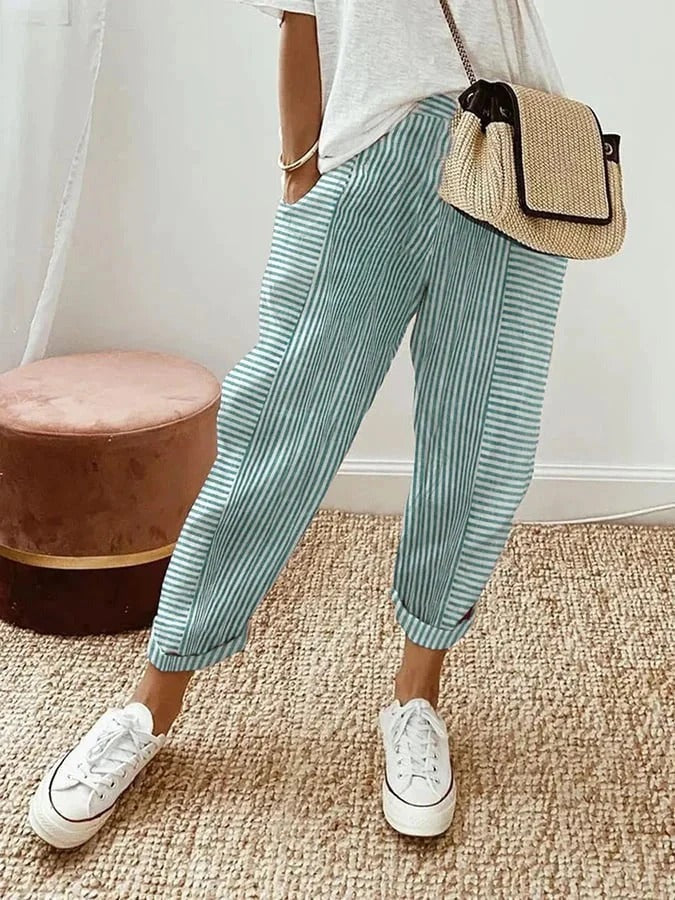 Women's Summer Striped Trousers with Elasticated Waist and Pockets