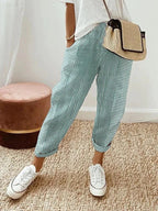 Women's Summer Striped Trousers with Elasticated Waist and Pockets