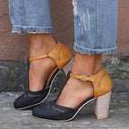 Women's T-Bar Block Heel Shoes with Colour Block Upper and Buckle Ankle Strap