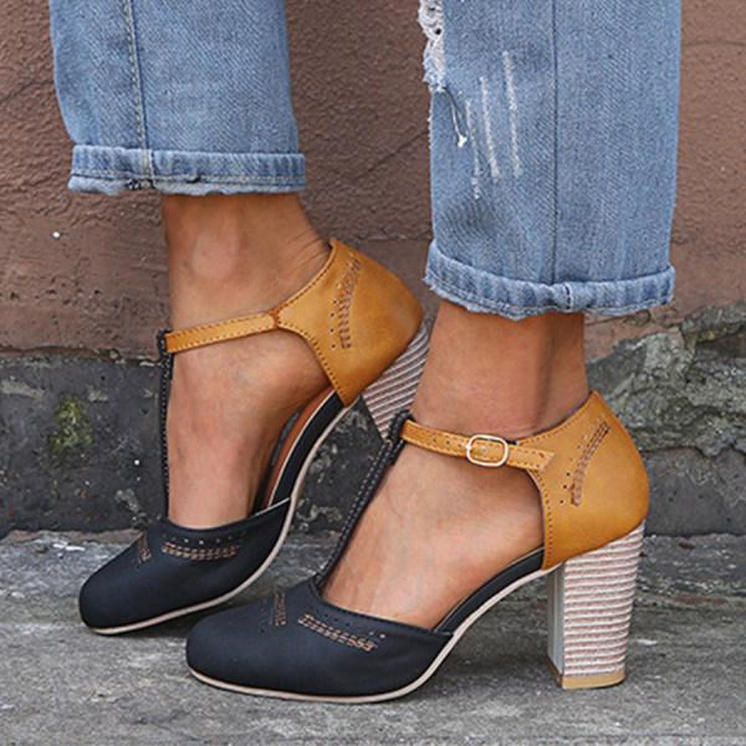 Women's T-Bar Block Heel Shoes with Colour Block Upper and Buckle Ankle Strap