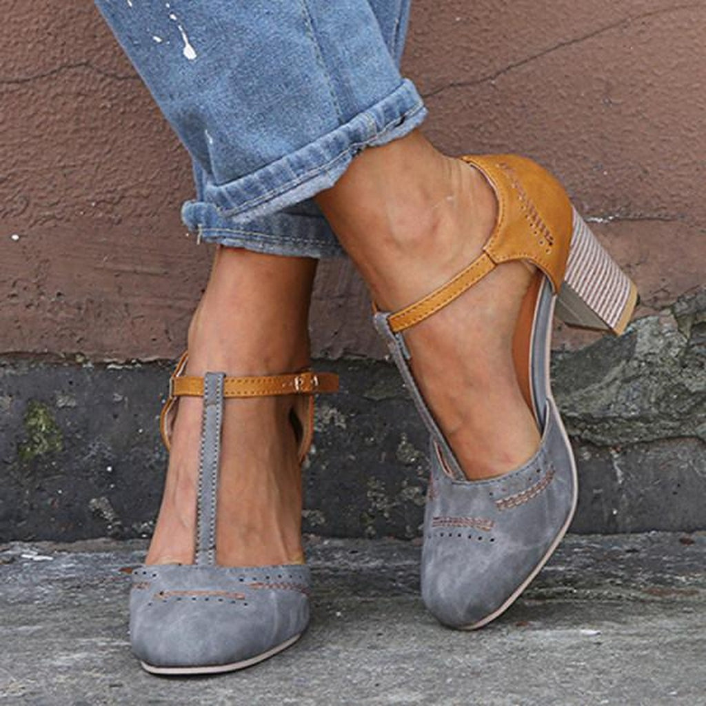 Women's T-Bar Block Heel Shoes with Colour Block Upper and Buckle Ankle Strap