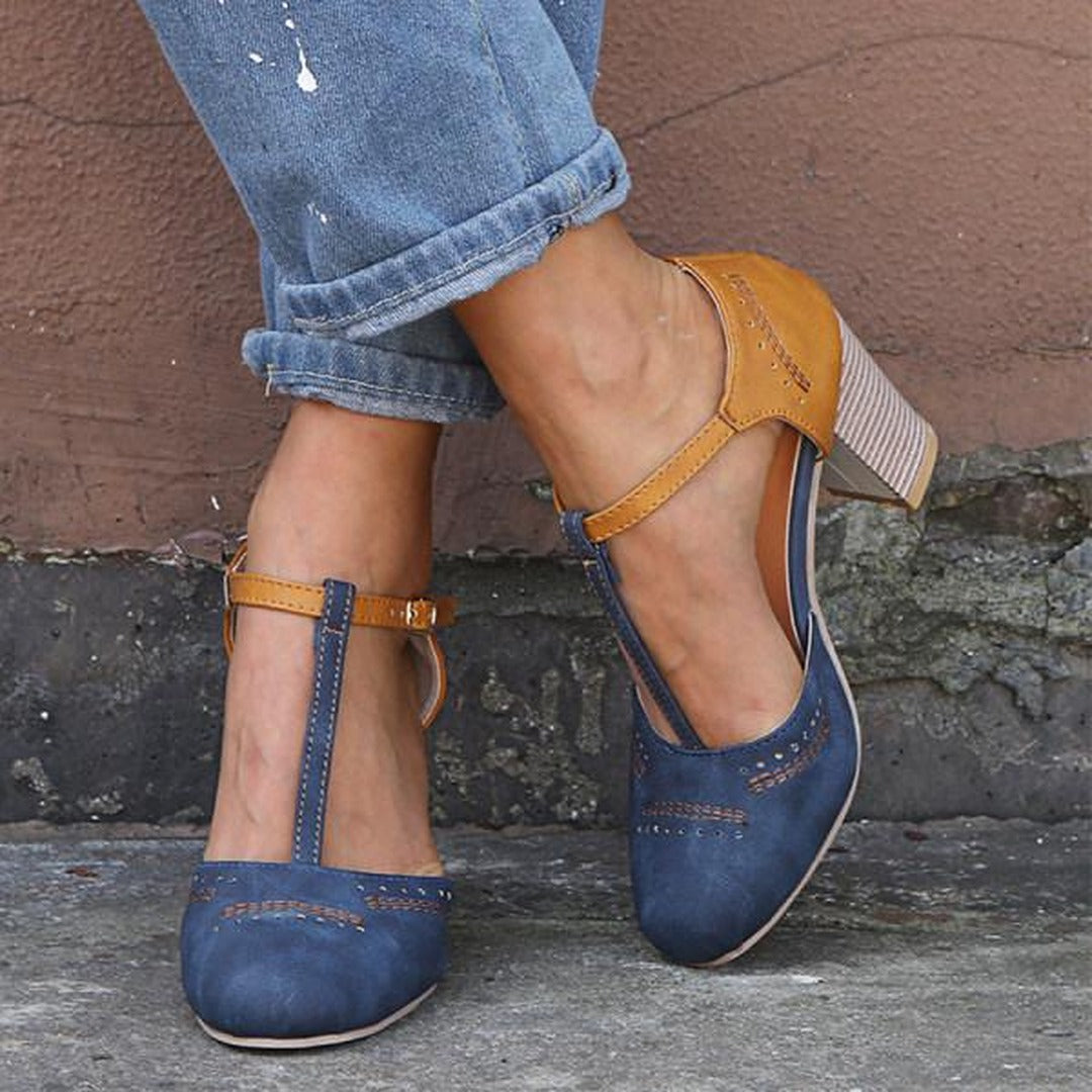Women's T-Bar Block Heel Shoes with Colour Block Upper and Buckle Ankle Strap