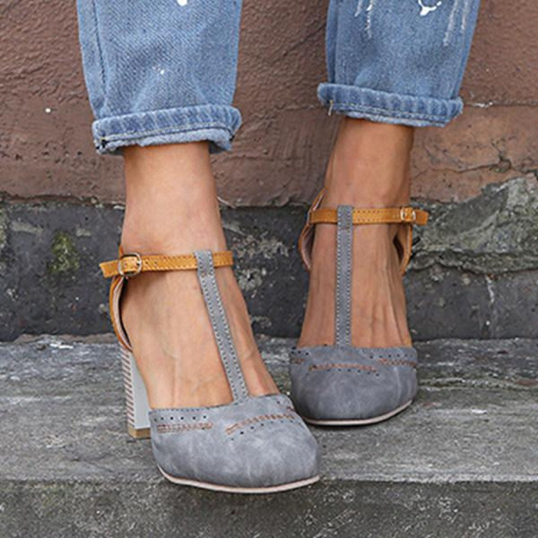 Women's T-Bar Block Heel Shoes with Colour Block Upper and Buckle Ankle Strap
