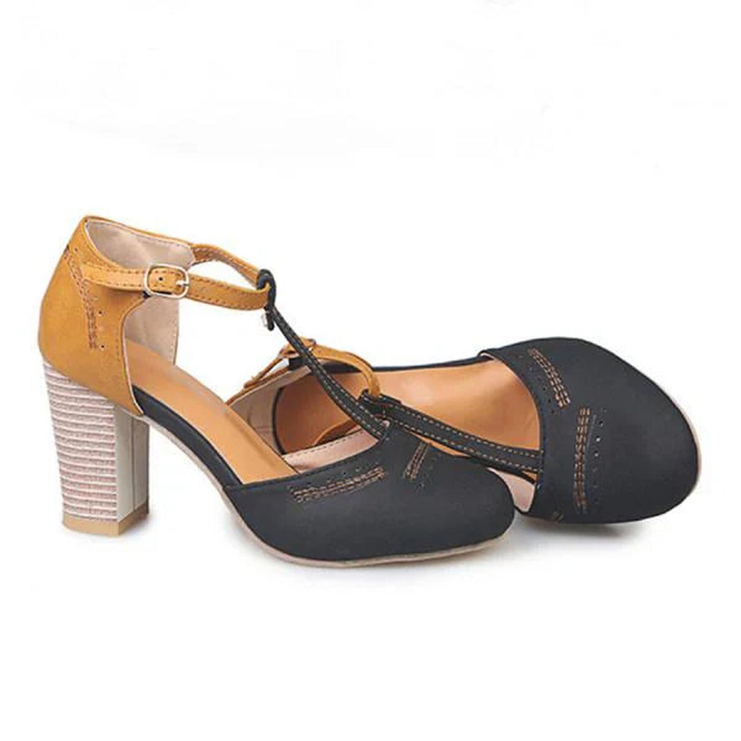 Women's T-Bar Block Heel Shoes with Colour Block Upper and Buckle Ankle Strap