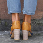 Women's T-Bar Block Heel Shoes with Colour Block Upper and Buckle Ankle Strap