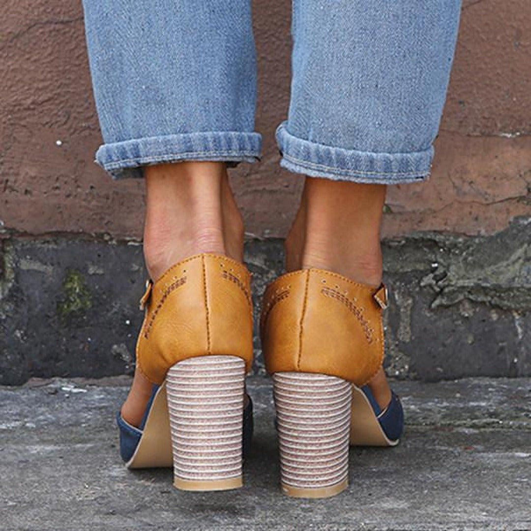 Women's T-Bar Block Heel Shoes with Colour Block Upper and Buckle Ankle Strap
