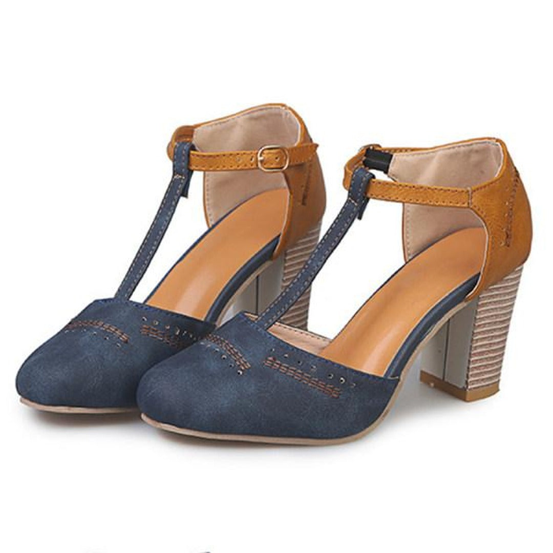 Women's T-Bar Block Heel Shoes with Colour Block Upper and Buckle Ankle Strap