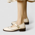 Women's T-Bar Brogue Shoes with Round Toe and Block Heel
