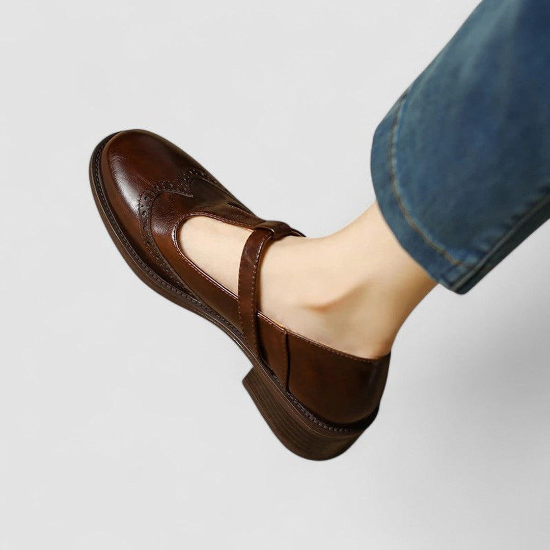 Women's T-Bar Brogue Shoes with Round Toe and Block Heel