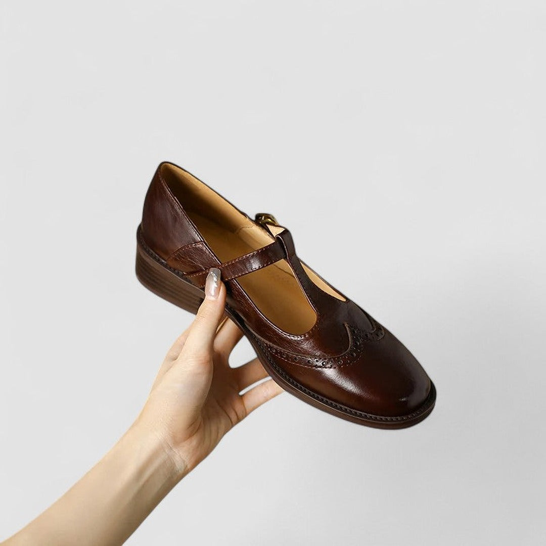 Women's T-Bar Brogue Shoes with Round Toe and Block Heel