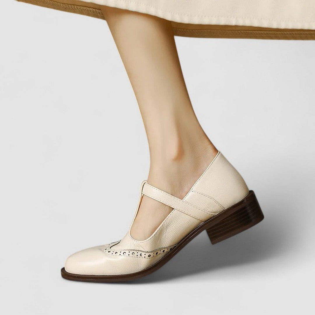 Women's T-Bar Brogue Shoes with Round Toe and Block Heel