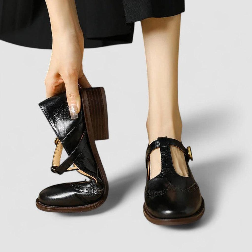 Women's T-Bar Brogue Shoes with Round Toe and Block Heel