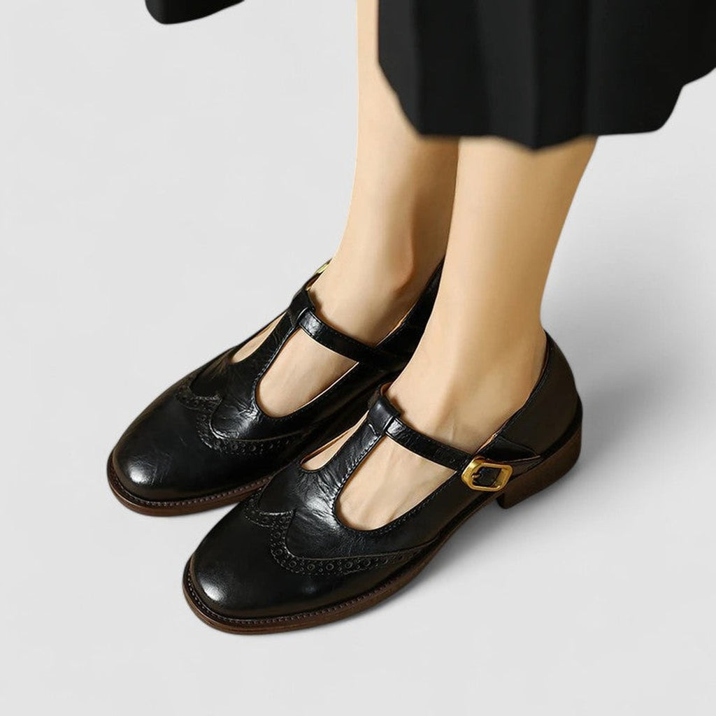 Women's T-Bar Brogue Shoes with Round Toe and Block Heel
