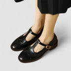 Women's T-Bar Brogue Shoes with Round Toe and Block Heel