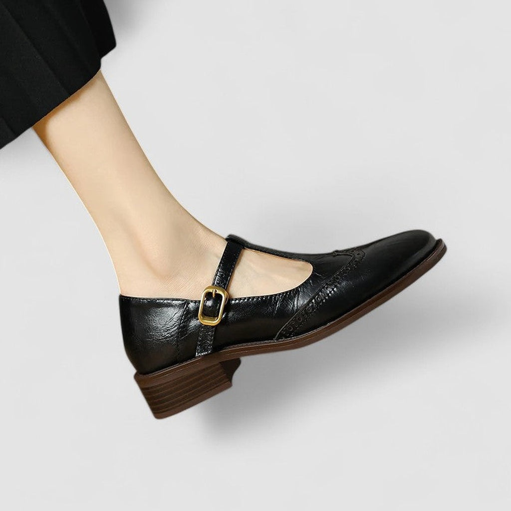 Women's T-Bar Brogue Shoes with Round Toe and Block Heel