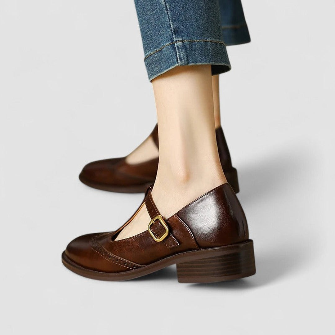 Women's T-Bar Brogue Shoes with Round Toe and Block Heel