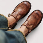 Women's T-Bar Brogue Shoes with Wingtip Perforated Upper and Buckle Strap Closure