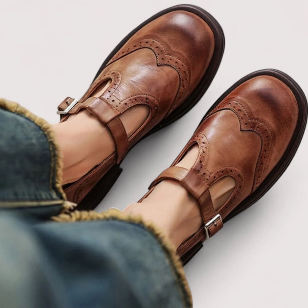 Women's T-Bar Brogue Shoes with Wingtip Perforated Upper and Buckle Strap Closure