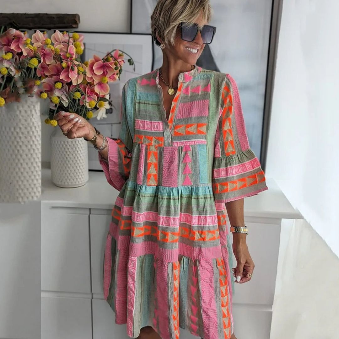 Women's Tiered Dress with Geometric Print V-Neckline and Flared Three-Quarter Sleeves