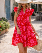 Women's Tiered Floral Print Dress with Ruffle Sleeves and V-Neckline
