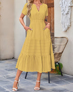 Women's Tiered Midi Dress with V-Neckline and Smocked Waistband and Short Sleeves and Side Pockets