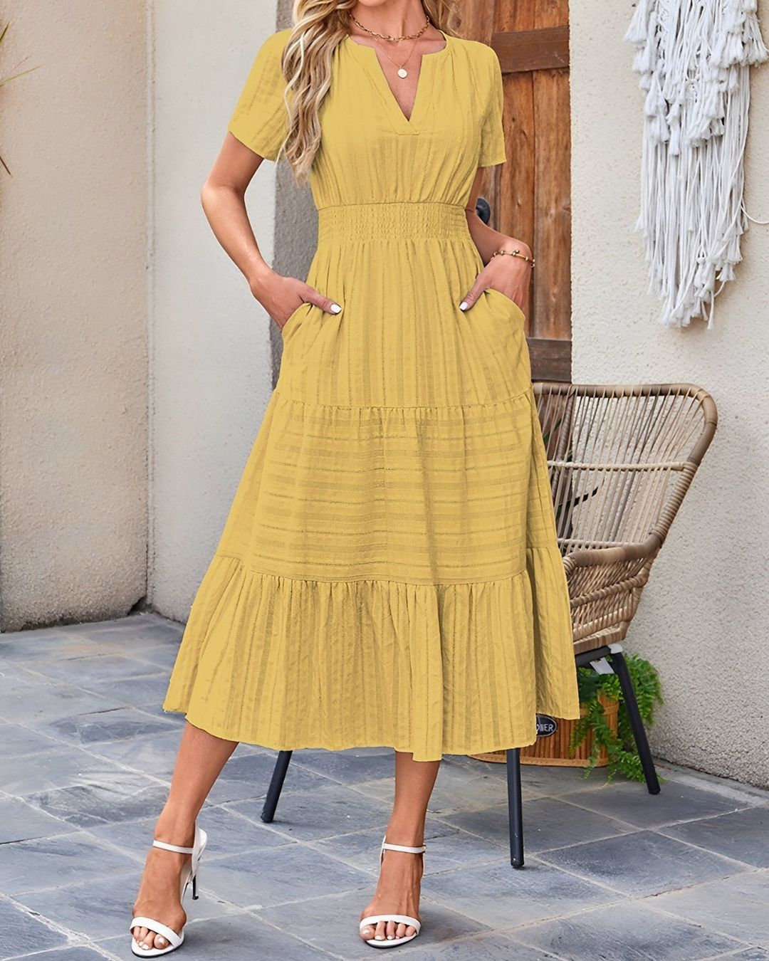 Women's Tiered Midi Dress with V-Neckline and Smocked Waistband and Short Sleeves and Side Pockets