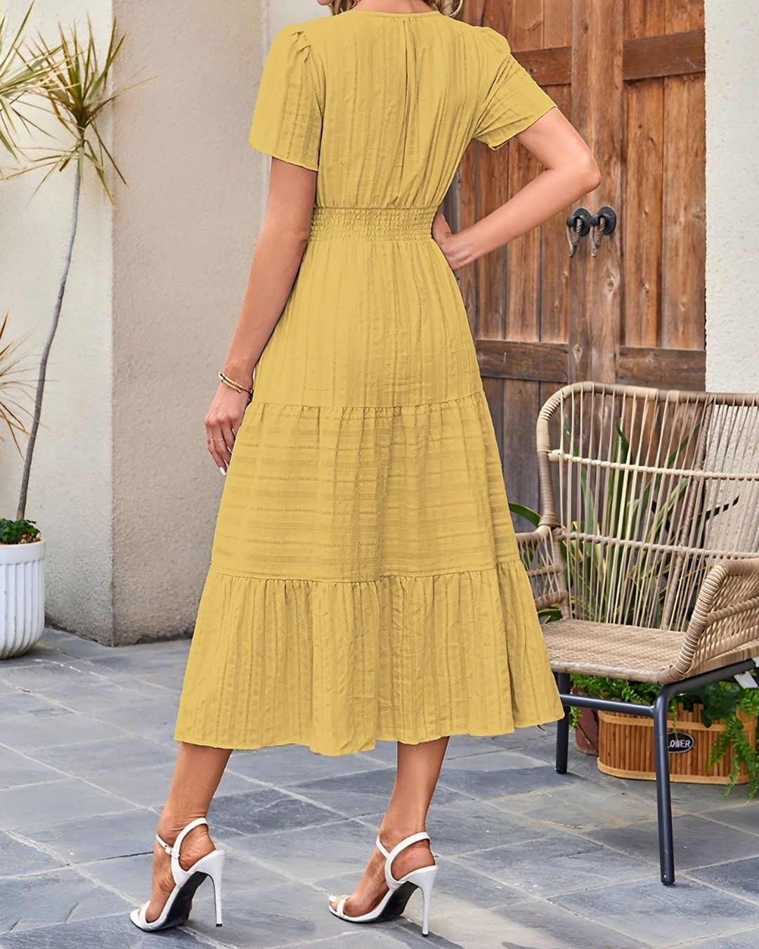 Women's Tiered Midi Dress with V-Neckline and Smocked Waistband and Short Sleeves and Side Pockets