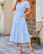 Women's Tiered Midi Dress with V-Neckline and Smocked Waistband and Short Sleeves and Side Pockets
