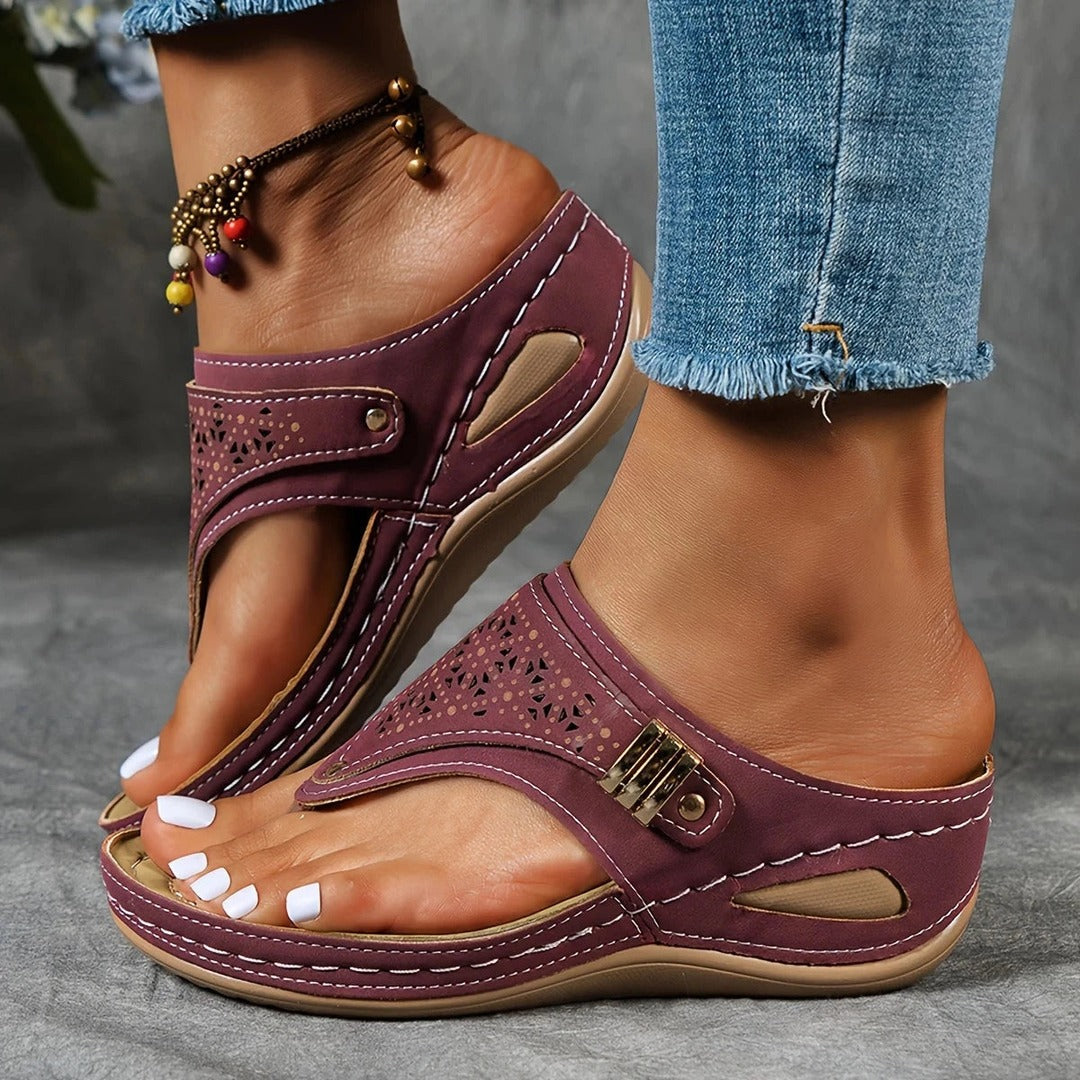 Women's Toe-Loop Wedge Sandals with Perforated Upper Panel and Metal Stud Detail